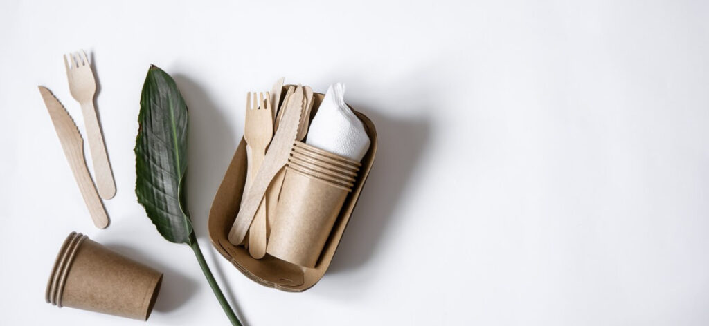 paper cups with white tissue inside, forks, and green leaf of white background